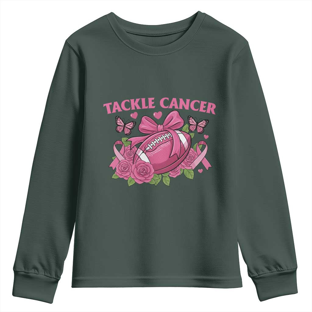 Tackle Cancer Youth Sweatshirt Football Breast Cancer Awareness Pink Ribbon TS12 Dark Forest Green Print Your Wear