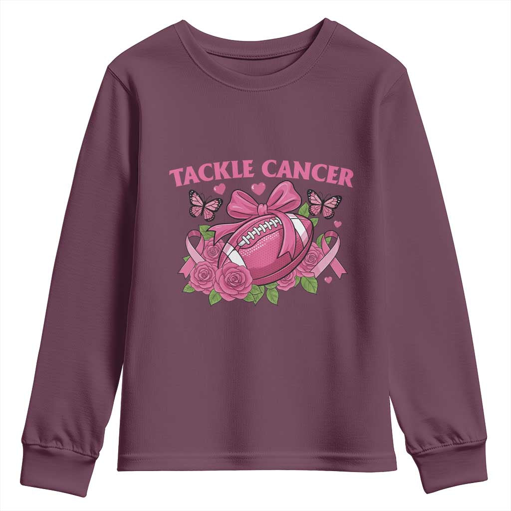 Tackle Cancer Youth Sweatshirt Football Breast Cancer Awareness Pink Ribbon TS12 Maroon Print Your Wear