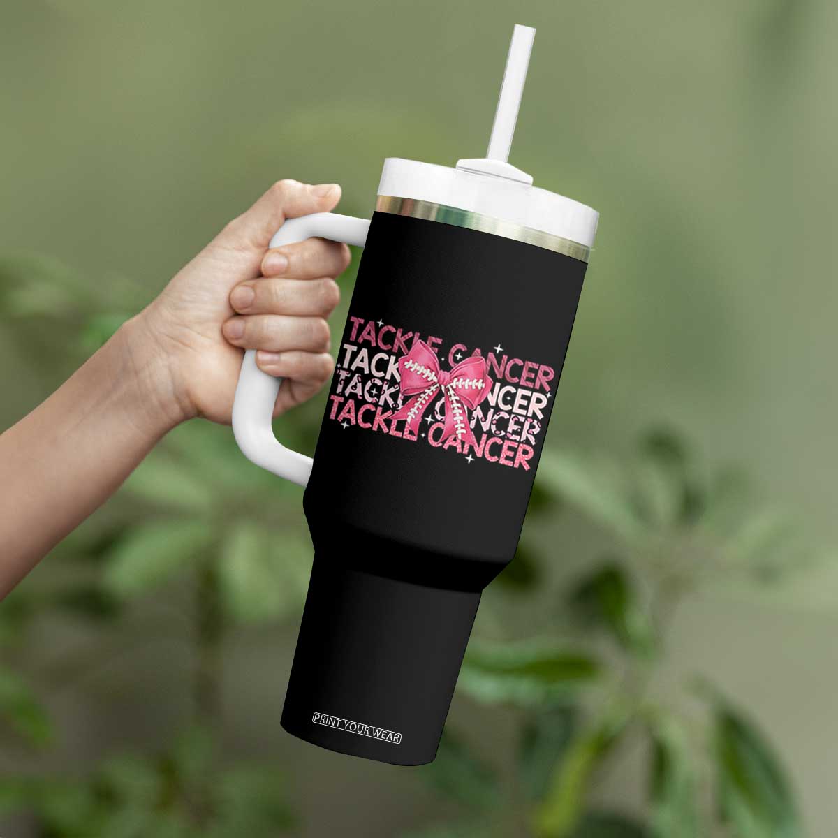 October Tackle Cancer Football Breast Cancer Awareness Tumbler With Handle TS12 Print Your Wear