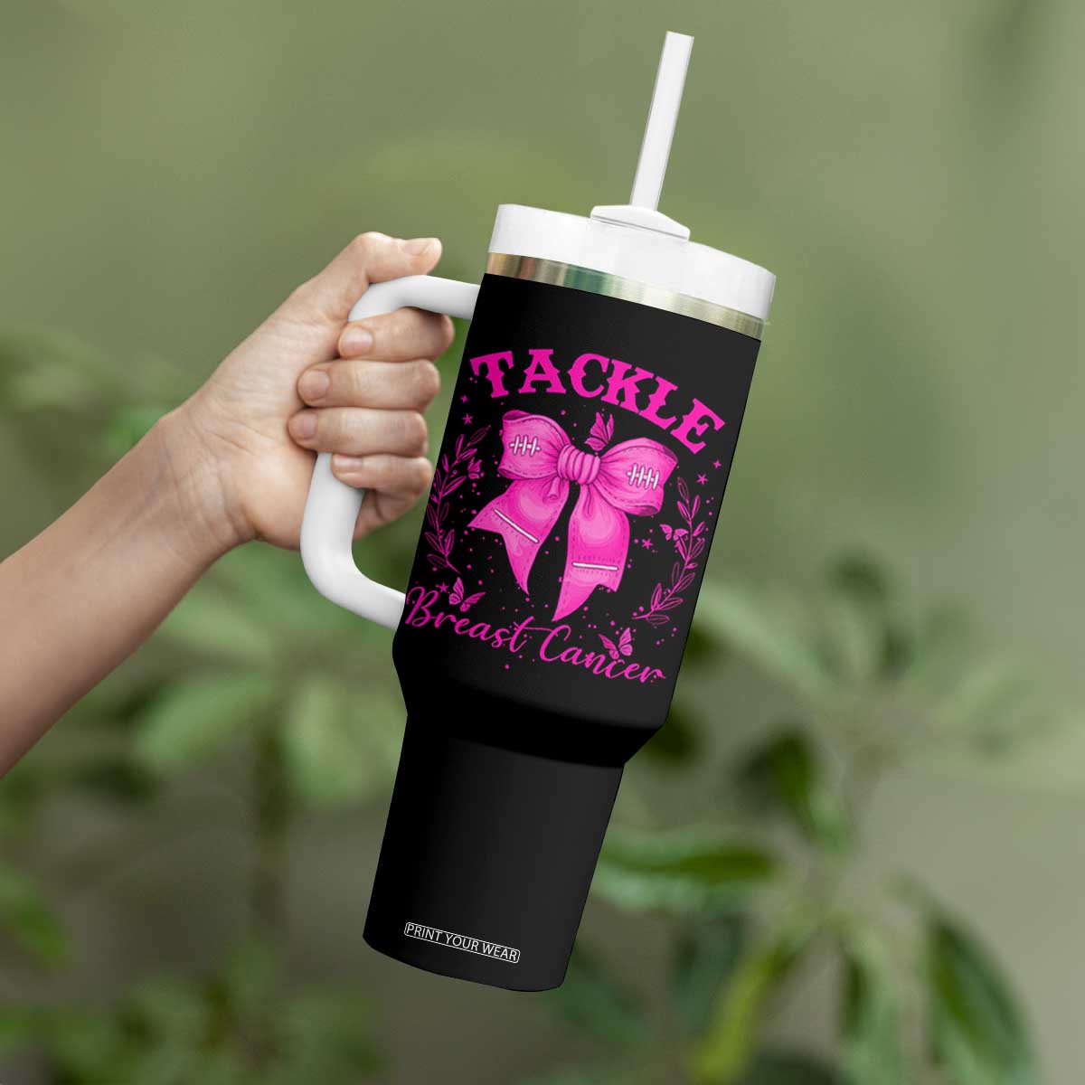 Tackle Breast Cancer Tumbler With Handle Support Fight Faith Pink Ribbon TS12 Print Your Wear