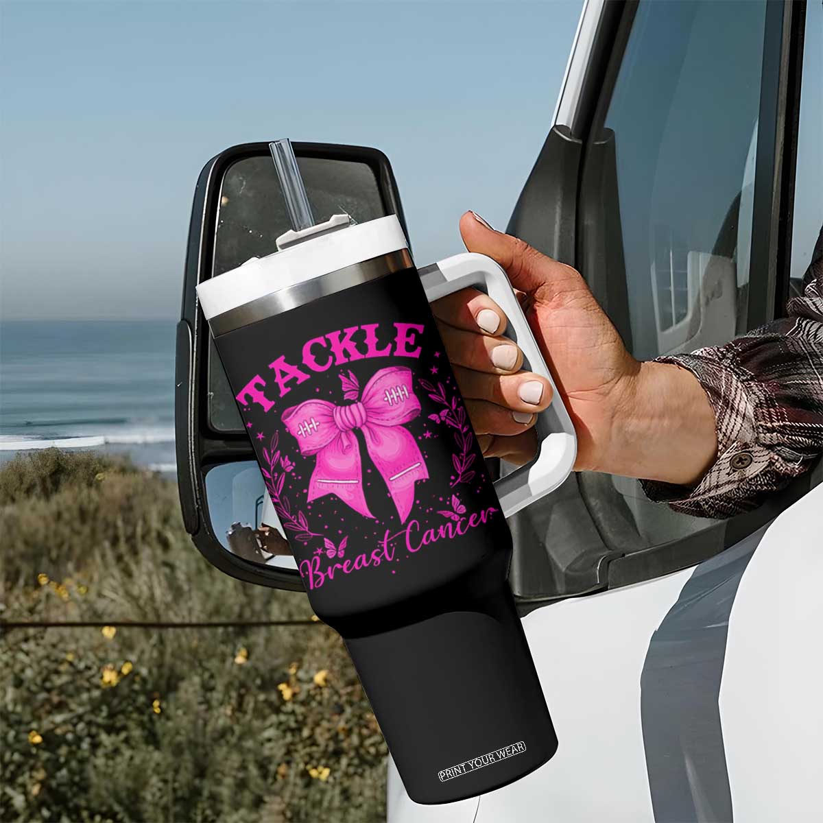 Tackle Breast Cancer Tumbler With Handle Support Fight Faith Pink Ribbon TS12 Print Your Wear