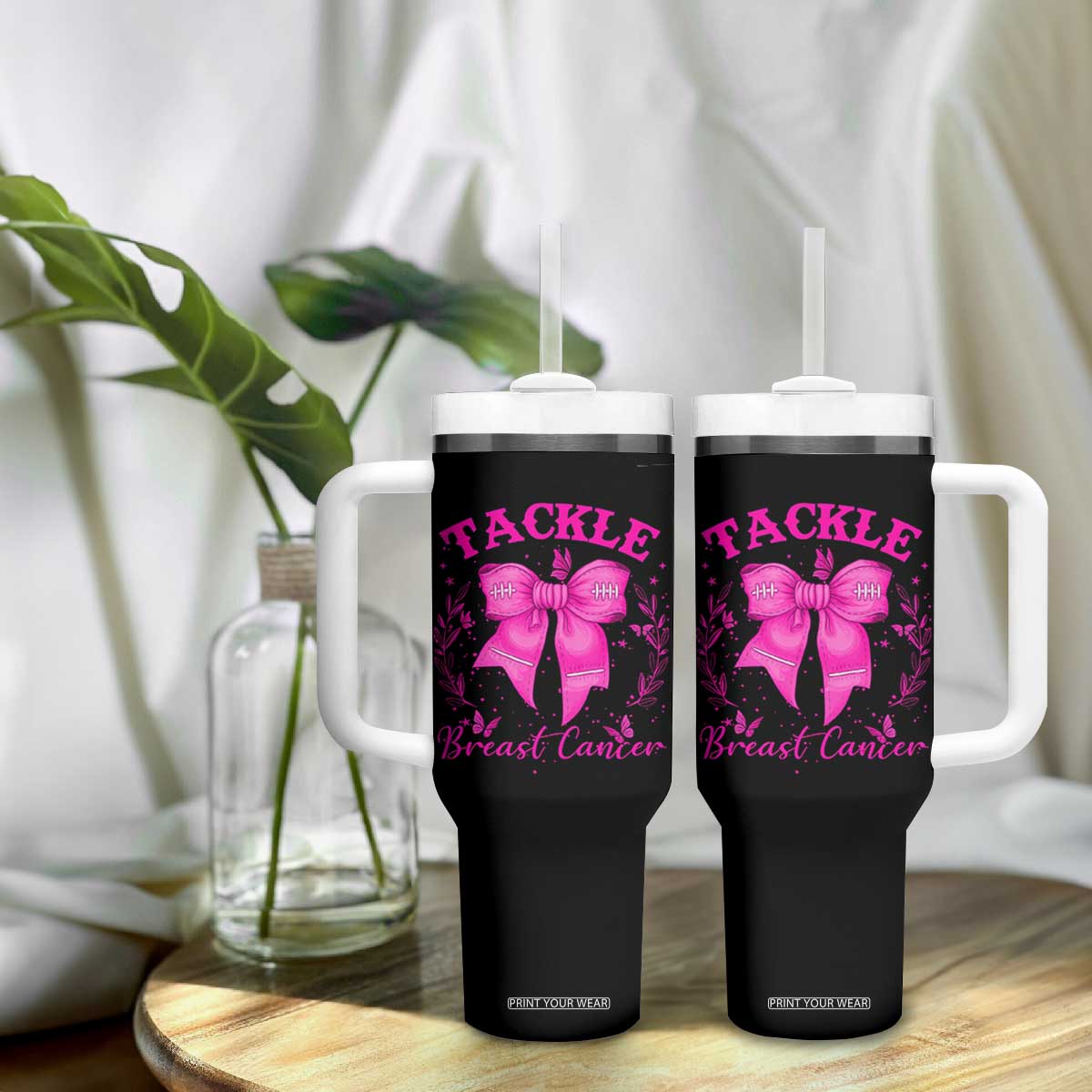 Tackle Breast Cancer Tumbler With Handle Support Fight Faith Pink Ribbon TS12 Print Your Wear