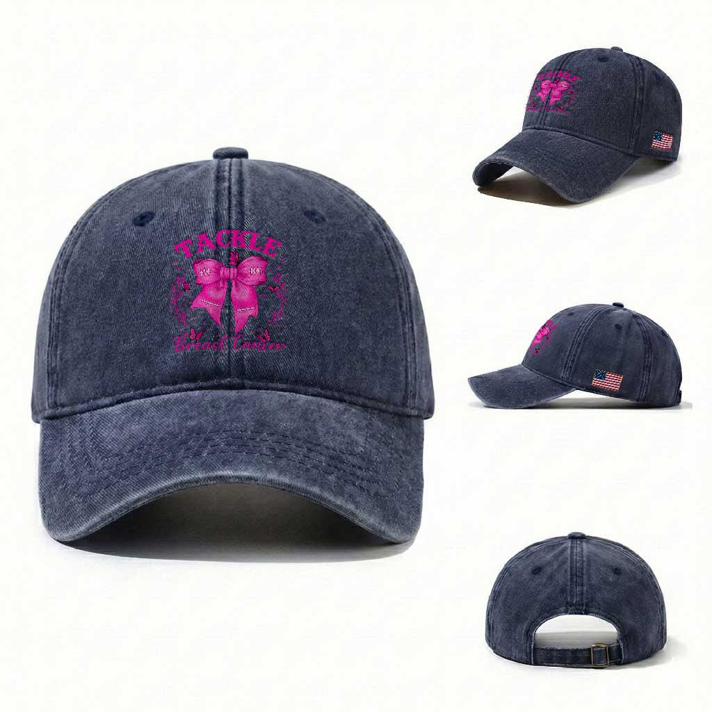 Tackle Breast Cancer Washed Cotton Baseball Cap Support Fight Faith Pink Ribbon TS12 Washed Cap Universal Fit Navy Print Your Wear