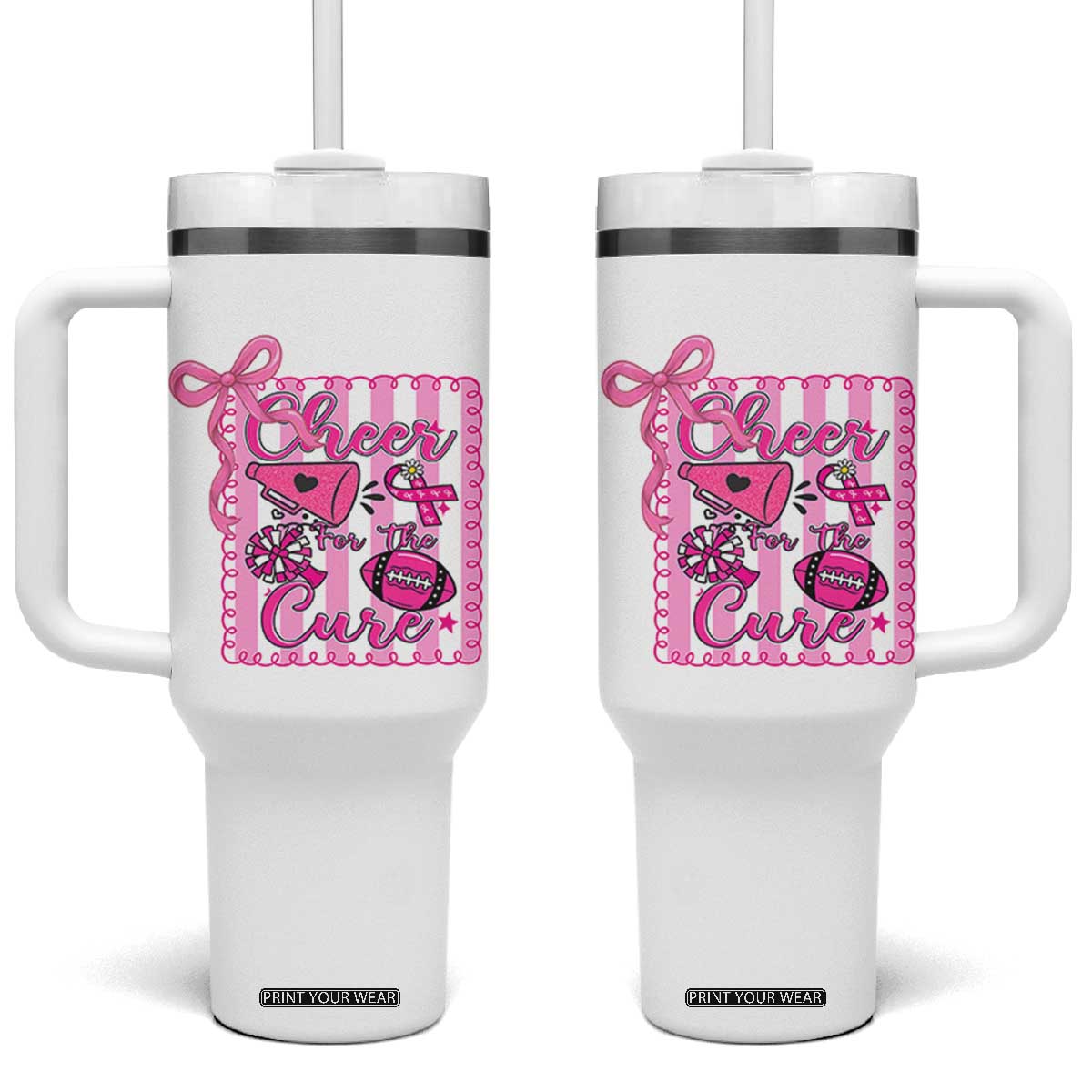 Cheer For The Cure Tumbler With Handle Breast Cancer Awareness Football Gift TS12 One Size: 40 oz White Print Your Wear
