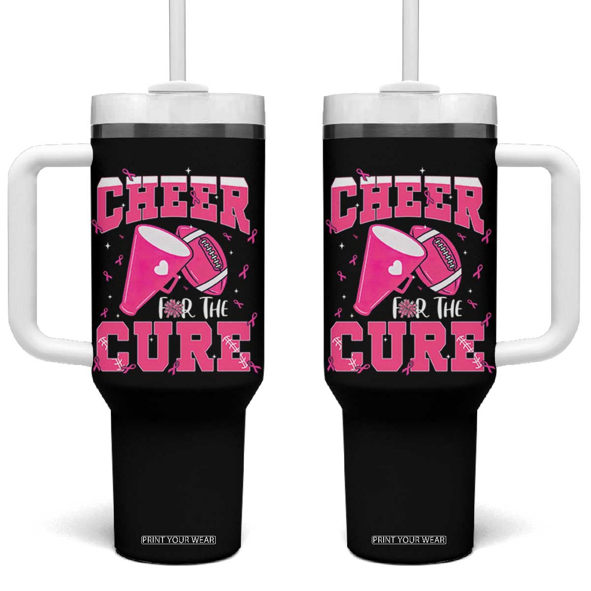 Breast Cancer Awareness Tumbler With Handle Funny Cheer For The Cure Gift TS12 One Size: 40 oz Black Print Your Wear