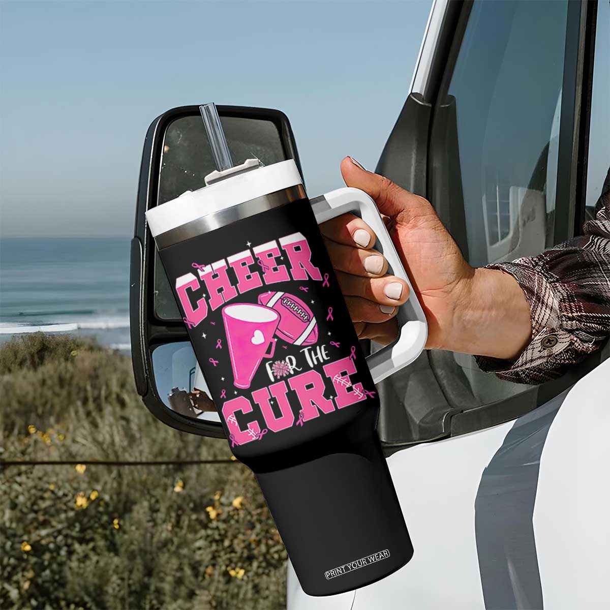 Breast Cancer Awareness Tumbler With Handle Funny Cheer For The Cure Gift TS12 Print Your Wear