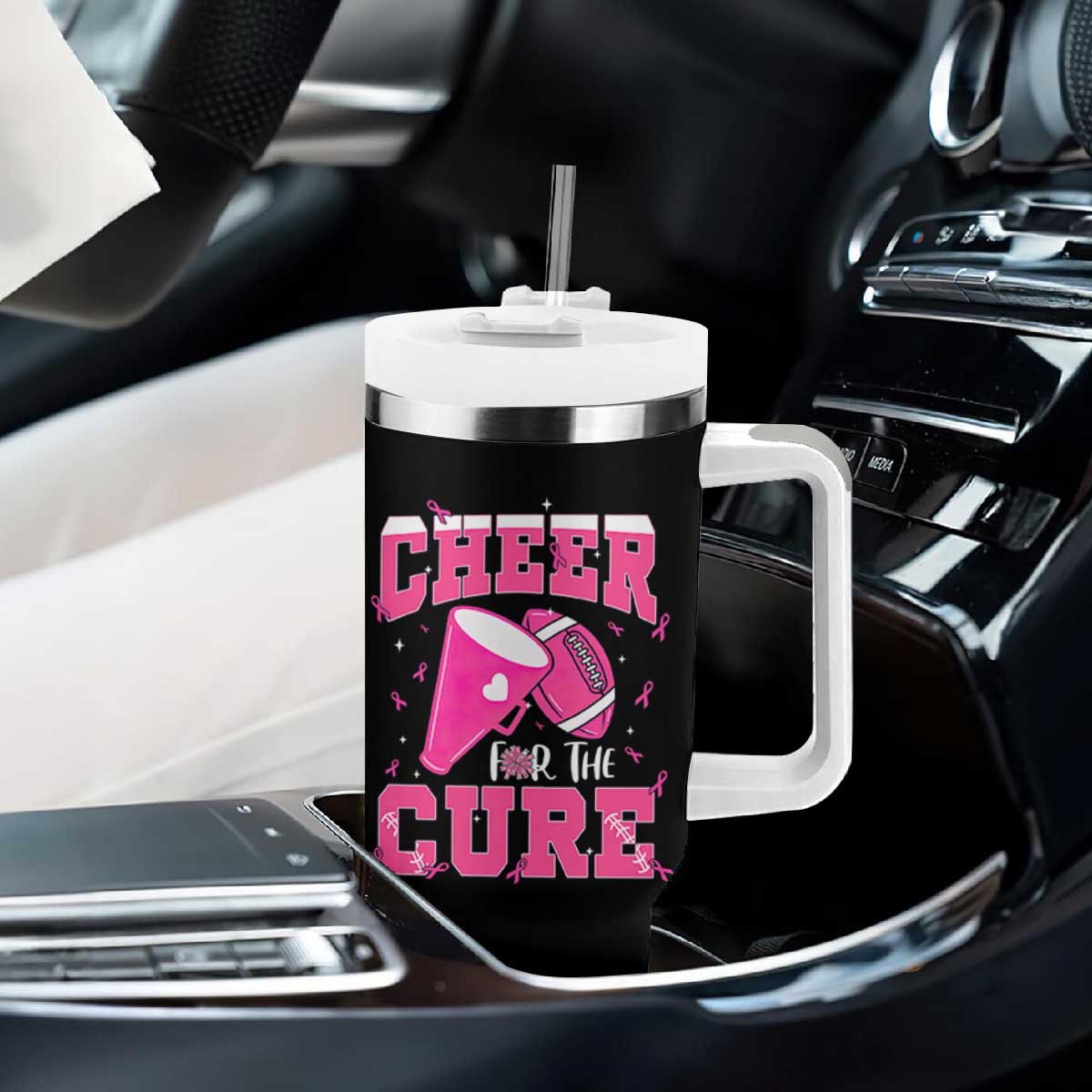 Breast Cancer Awareness Tumbler With Handle Funny Cheer For The Cure Gift TS12 Print Your Wear