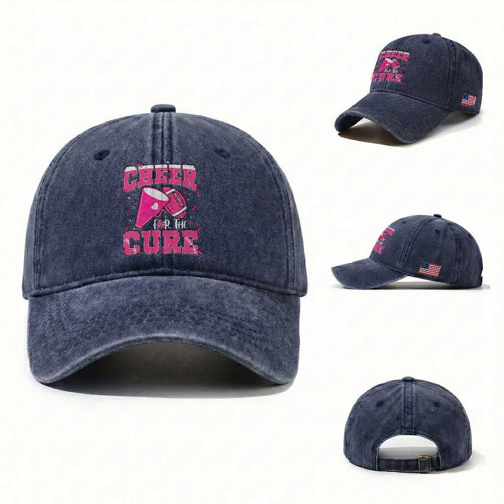 Breast Cancer Awareness Washed Cotton Baseball Cap Funny Cheer For The Cure Gift TS12 Washed Cap Universal Fit Navy Print Your Wear
