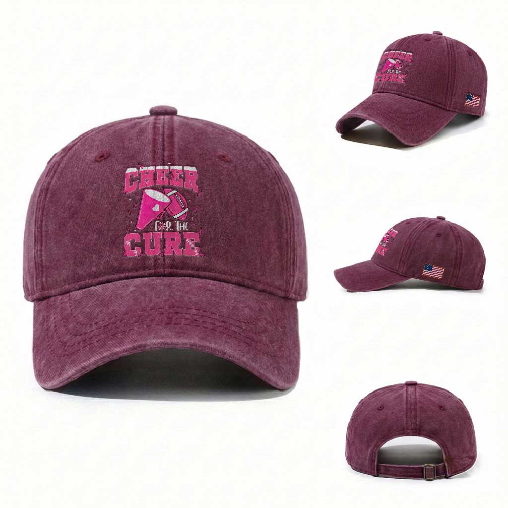 Breast Cancer Awareness Washed Cotton Baseball Cap Funny Cheer For The Cure Gift TS12 Washed Cap Universal Fit Burgundy Print Your Wear