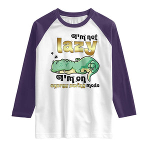 Funny Dinosaur Lover Raglan Shirt I Am Not Lazy I Am On Energy Saving Mode TS12 White Purple Print Your Wear