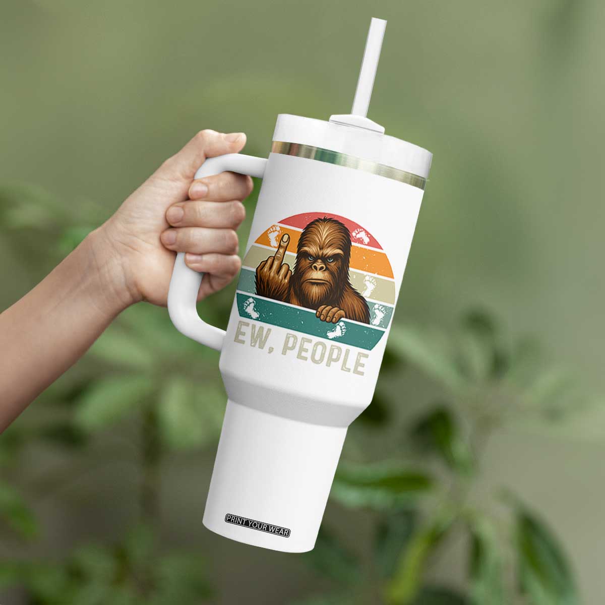 Bigfoot Lover Tumbler With Handle Funny Ew People Retro Sunset Design TS12 Print Your Wear