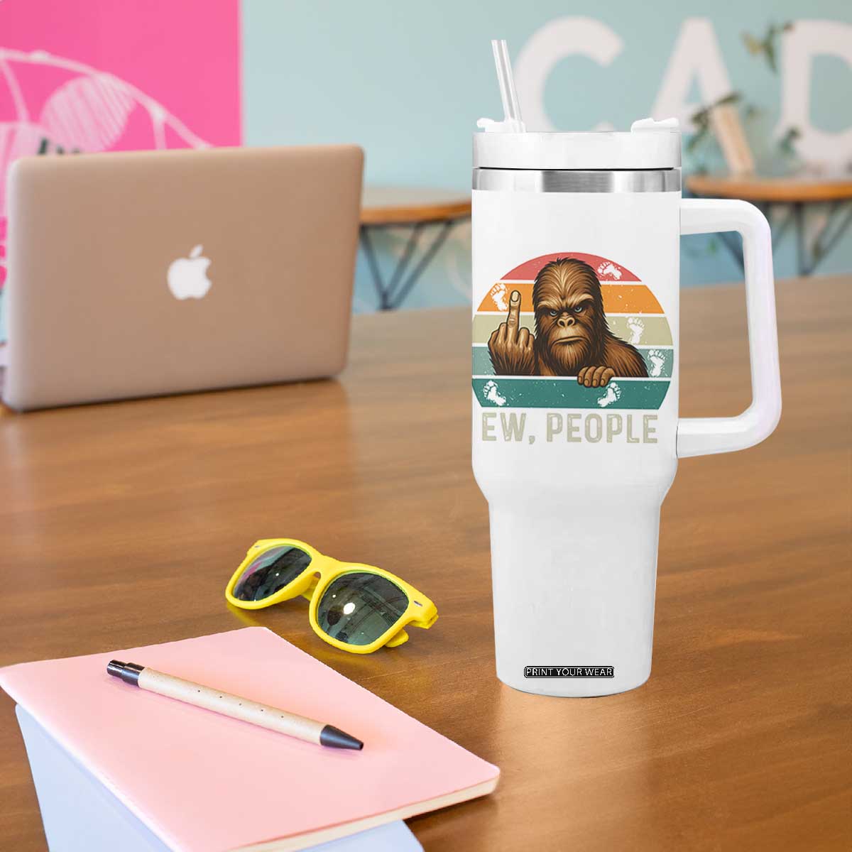 Bigfoot Lover Tumbler With Handle Funny Ew People Retro Sunset Design TS12 Print Your Wear