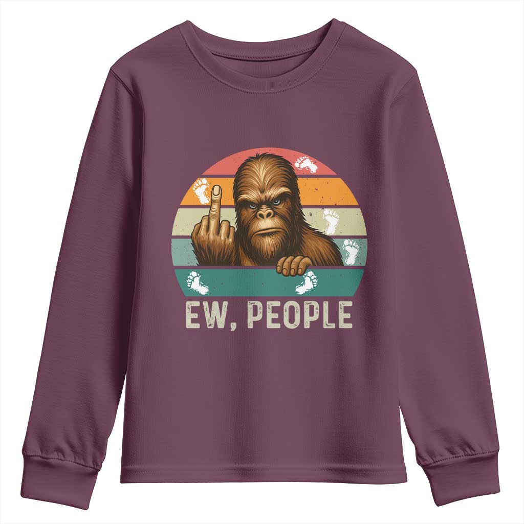 Bigfoot Lover Youth Sweatshirt Funny Ew People Retro Sunset Design TS12 Maroon Print Your Wear