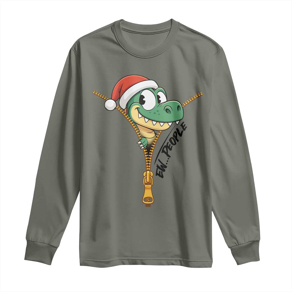 Funny Christmas Dinosaur Long Sleeve Shirt Ew People Xmas Gift TS12 Military Green Print Your Wear