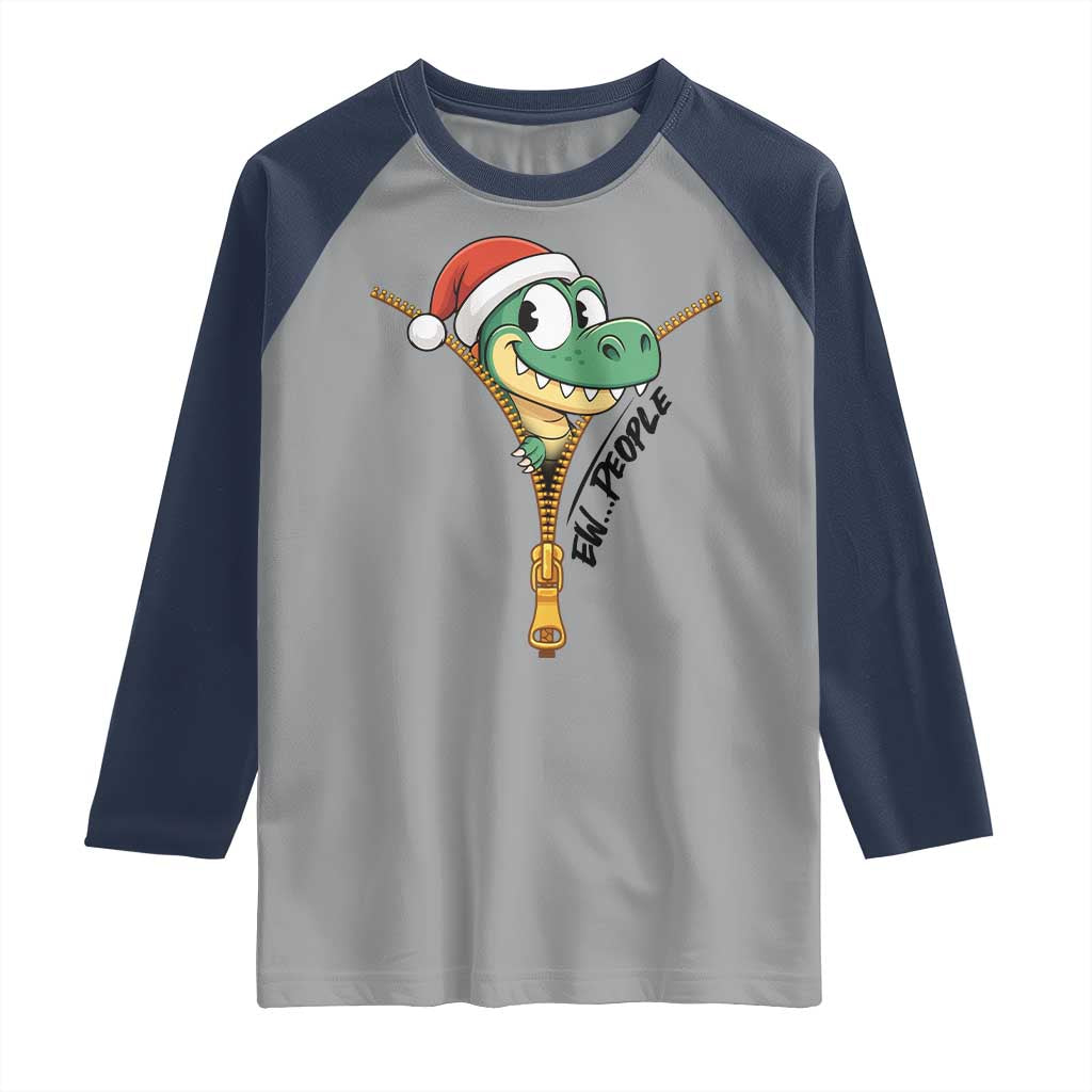 Funny Christmas Dinosaur Raglan Shirt Ew People Xmas Gift TS12 Sport Gray Navy Print Your Wear