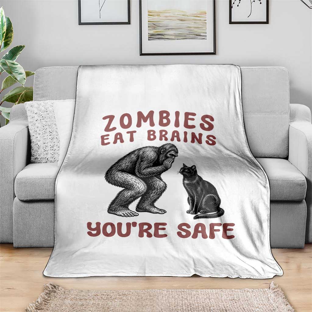 Funny Bigfoot And Black Cat Throw Blanket Zombies Eat Brains Dont Worry You Are Safe