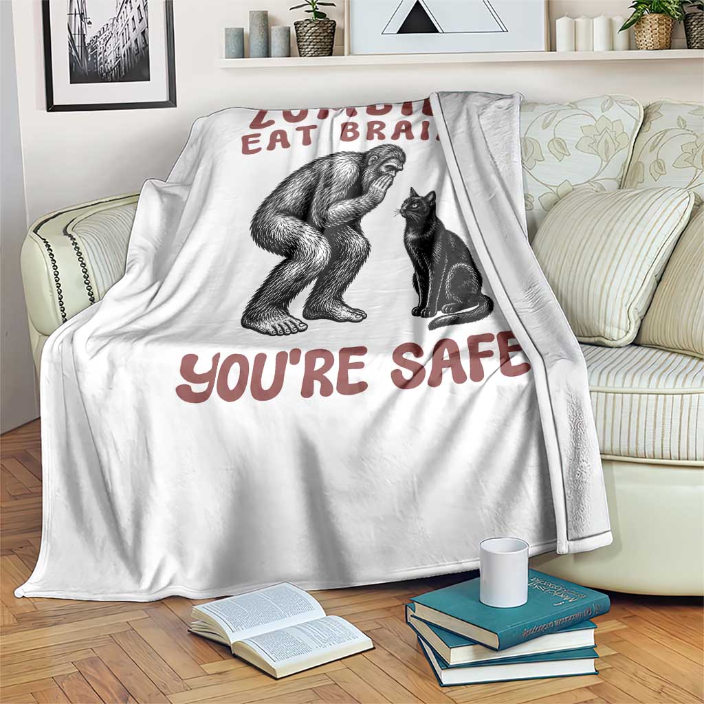 Funny Bigfoot And Black Cat Throw Blanket Zombies Eat Brains Dont Worry You Are Safe