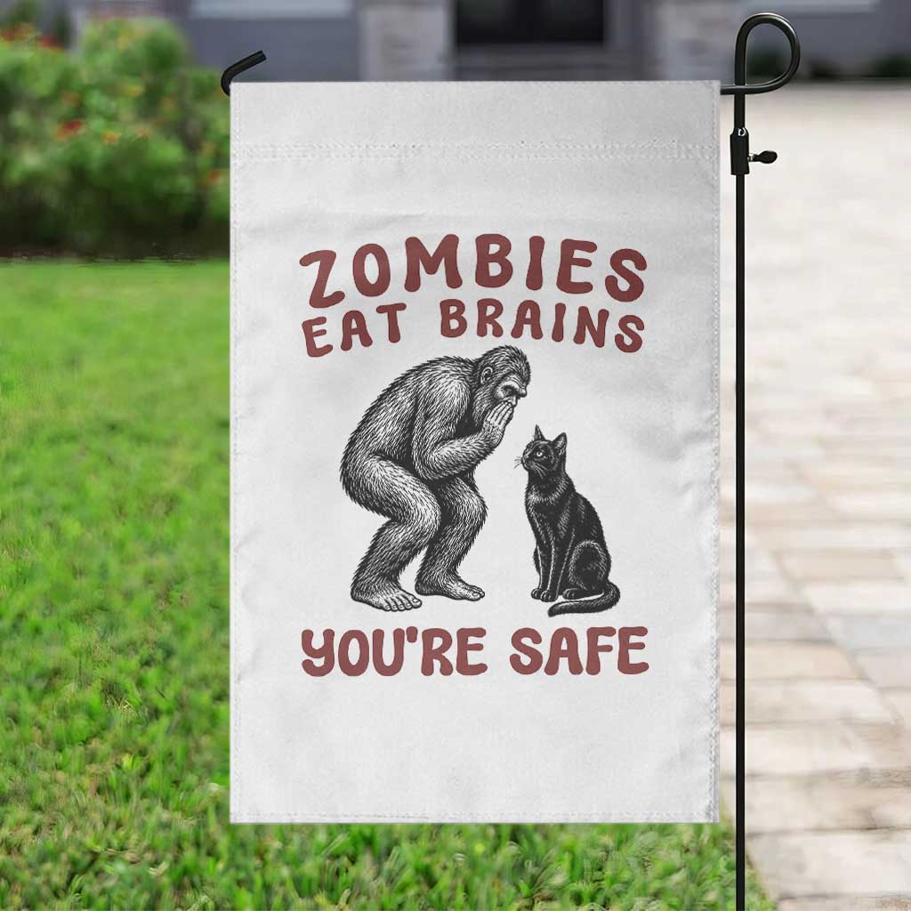 Funny Bigfoot And Black Cat Garden Flag Zombies Eat Brains Dont Worry You Are Safe