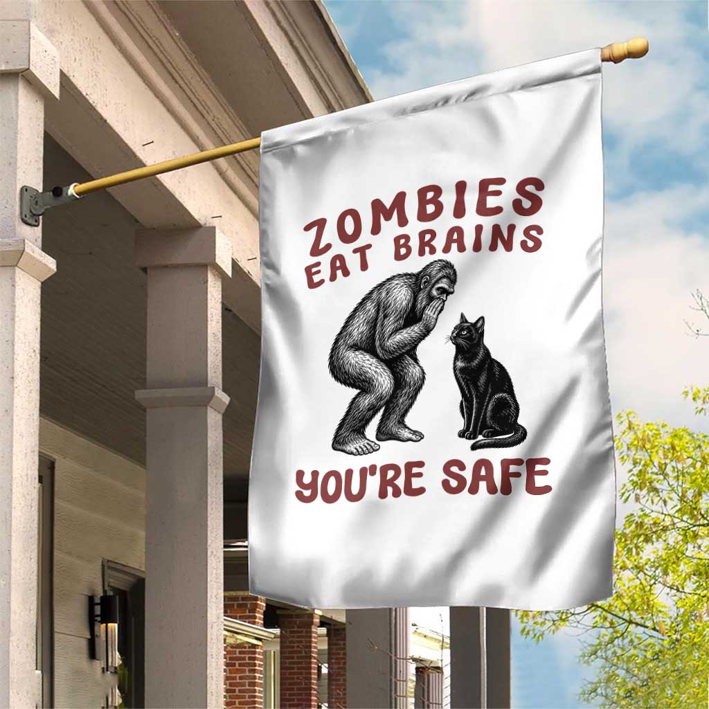 Funny Bigfoot And Black Cat Garden Flag Zombies Eat Brains Dont Worry You Are Safe