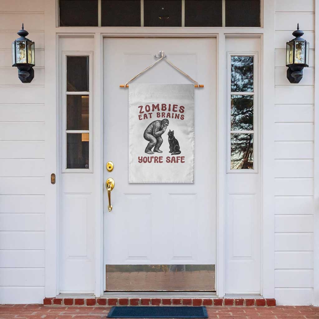 Funny Bigfoot And Black Cat Garden Flag Zombies Eat Brains Dont Worry You Are Safe