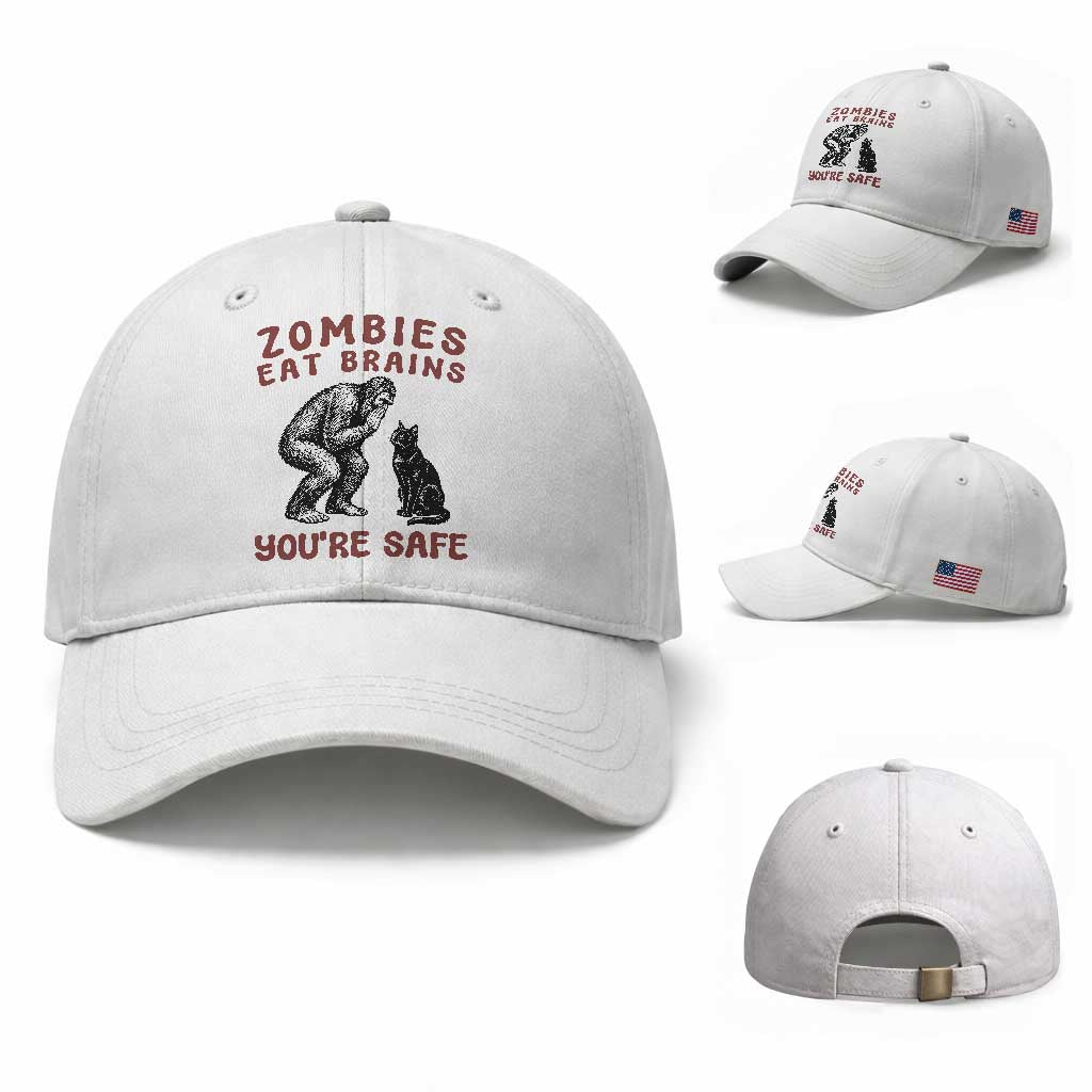 Funny Bigfoot And Black Cat Baseball Cap Zombies Eat Brains Dont Worry You Are Safe