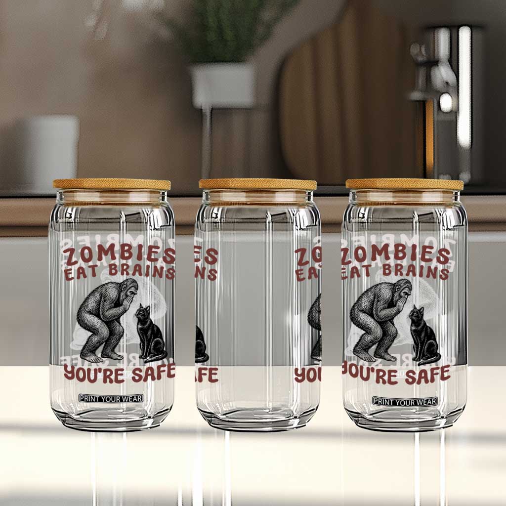 Funny Bigfoot And Black Cat Glass Can Zombies Eat Brains Dont Worry You Are Safe TS12 Print Your Wear