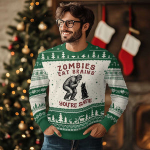 Funny Bigfoot And Black Cat Ugly Christmas Sweater Zombies Eat Brains Dont Worry You Are Safe