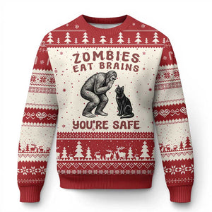Funny Bigfoot And Black Cat Ugly Christmas Sweater Zombies Eat Brains Dont Worry You Are Safe
