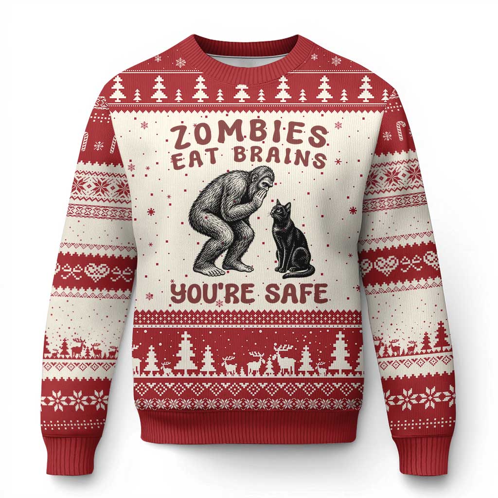 Funny Bigfoot And Black Cat Ugly Christmas Sweater Zombies Eat Brains Dont Worry You Are Safe TS12 Beige Red Print Your Wear