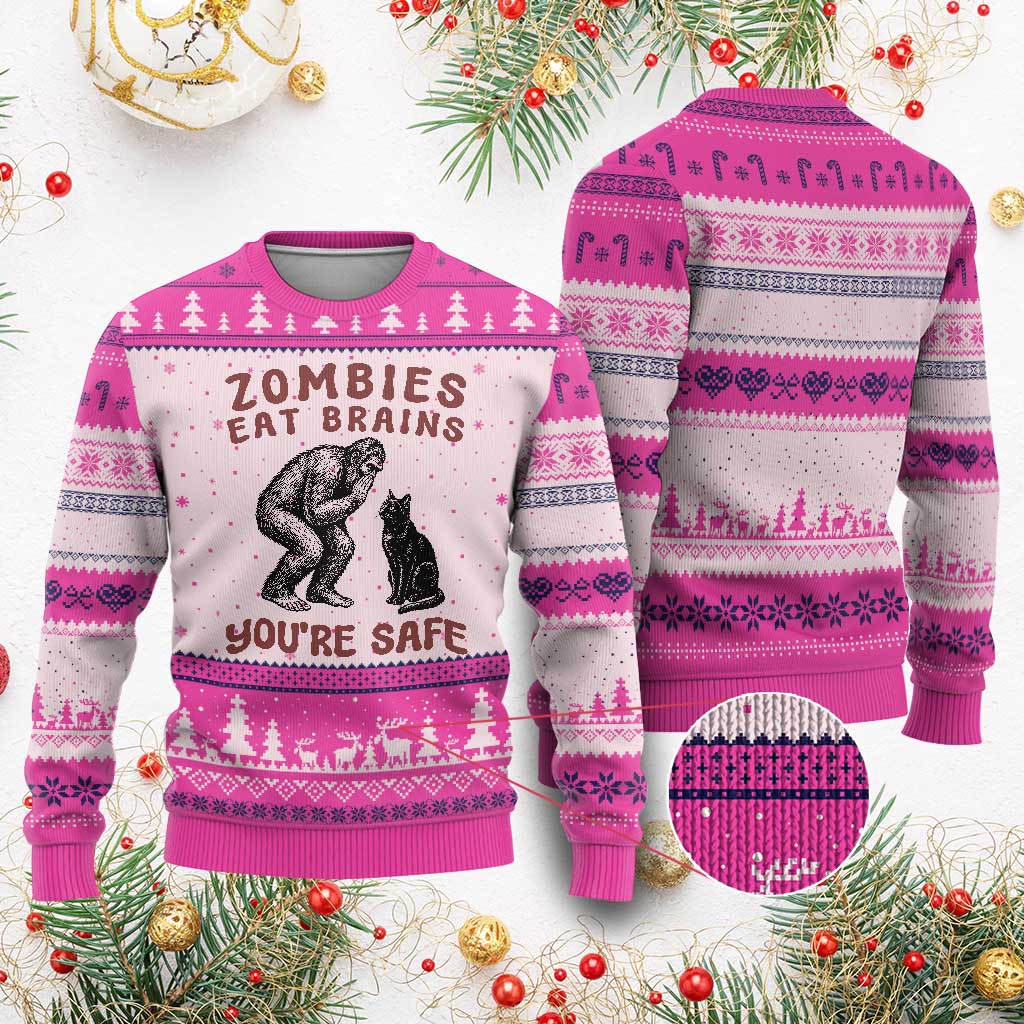 Funny Bigfoot And Black Cat Ugly Christmas Sweater Zombies Eat Brains Dont Worry You Are Safe