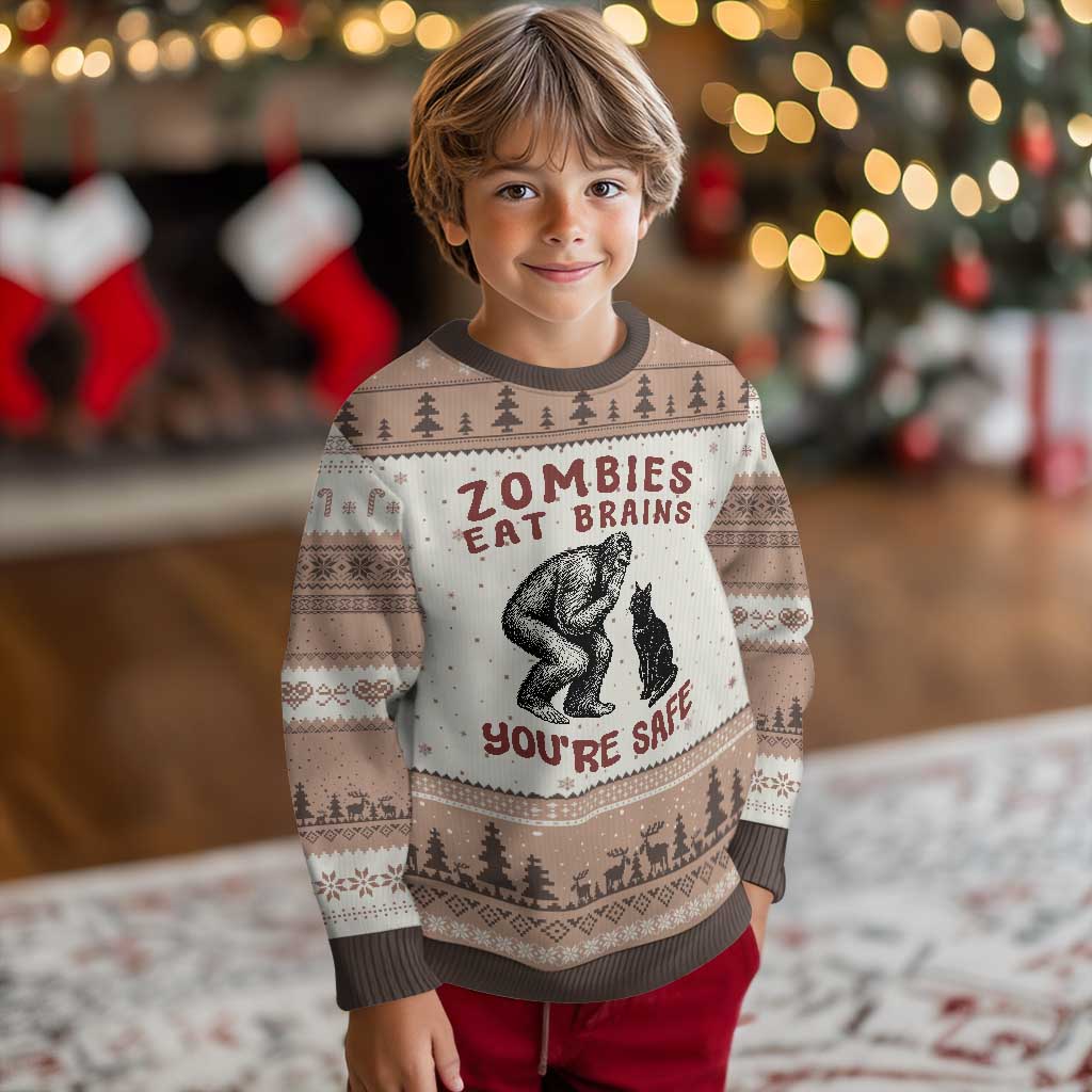 Funny Bigfoot And Black Cat Ugly Christmas Sweater Zombies Eat Brains Dont Worry You Are Safe