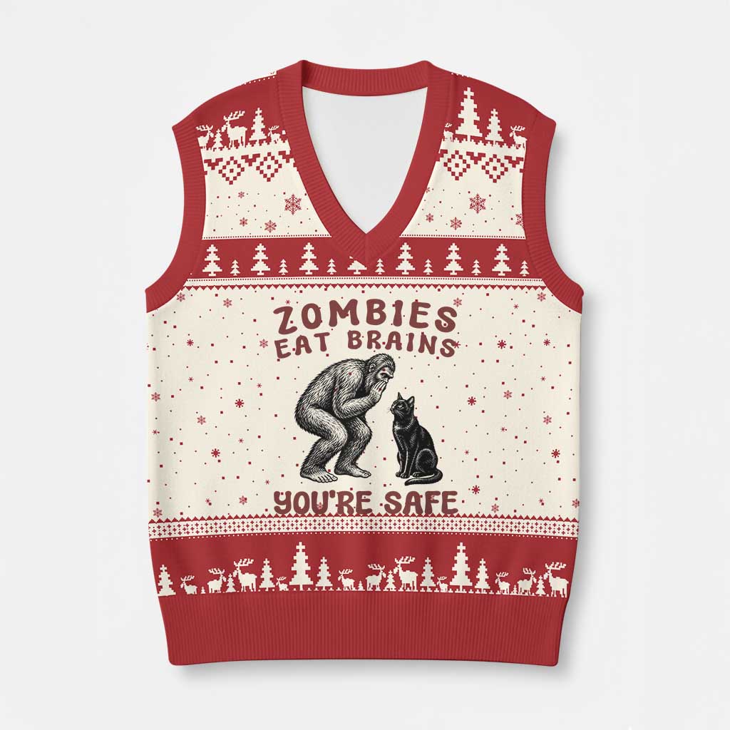 Funny Bigfoot And Black Cat V-Neck Knit Sweater Vest Zombies Eat Brains Dont Worry You Are Safe
