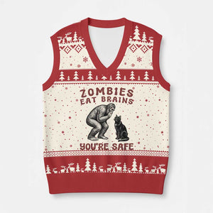 Funny Bigfoot And Black Cat V-Neck Knit Sweater Vest Zombies Eat Brains Dont Worry You Are Safe