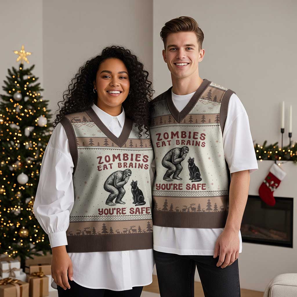 Funny Bigfoot And Black Cat V-Neck Knit Sweater Vest Zombies Eat Brains Dont Worry You Are Safe