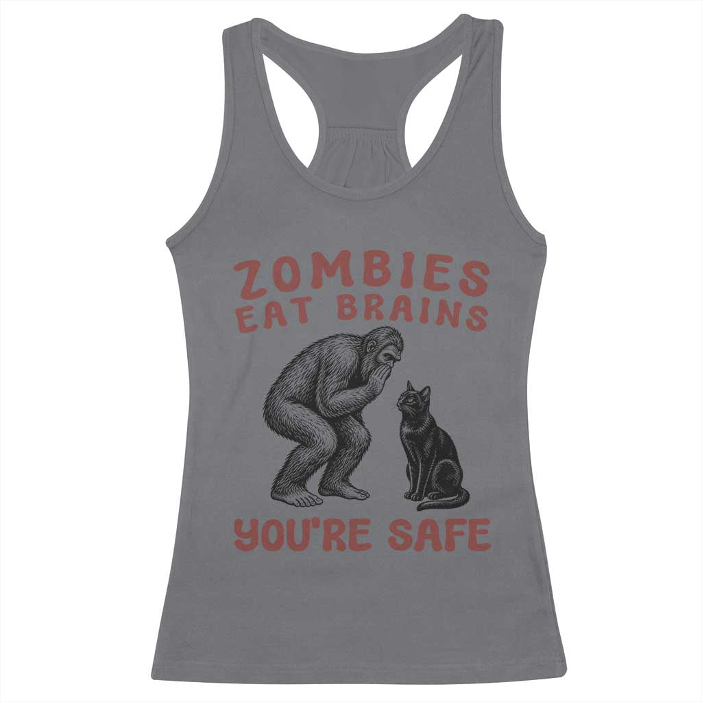 Funny Bigfoot And Black Cat Racerback Tank Top Zombies Eat Brains Dont Worry You Are Safe
