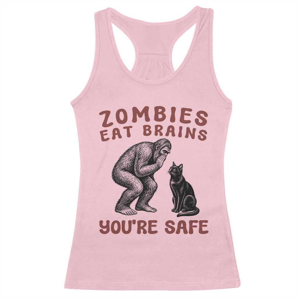 Funny Bigfoot And Black Cat Racerback Tank Top Zombies Eat Brains Dont Worry You Are Safe
