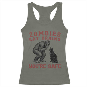 Funny Bigfoot And Black Cat Racerback Tank Top Zombies Eat Brains Dont Worry You Are Safe