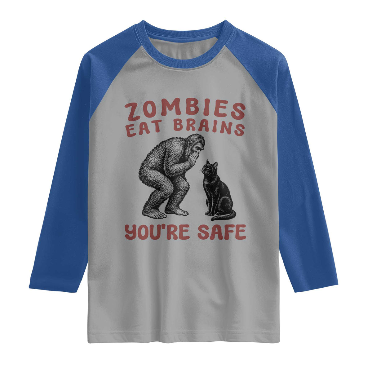 Funny Bigfoot And Black Cat Raglan Shirt Zombies Eat Brains Dont Worry You Are Safe