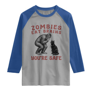 Funny Bigfoot And Black Cat Raglan Shirt Zombies Eat Brains Dont Worry You Are Safe