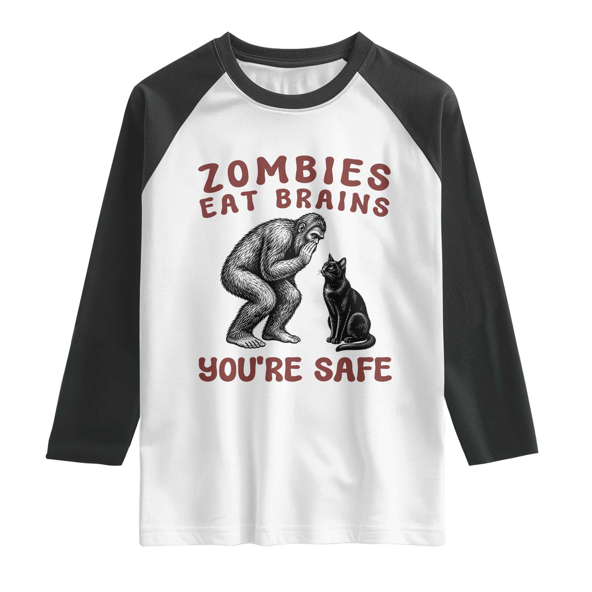 Funny Bigfoot And Black Cat Raglan Shirt Zombies Eat Brains Dont Worry You Are Safe