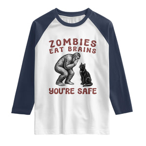 Funny Bigfoot And Black Cat Raglan Shirt Zombies Eat Brains Dont Worry You Are Safe