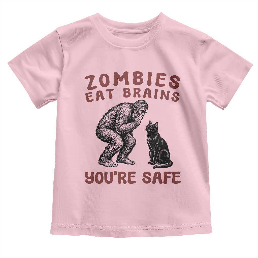 Funny Bigfoot And Black Cat Toddler T Shirt Zombies Eat Brains Dont Worry You Are Safe