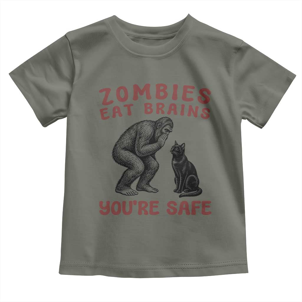 Funny Bigfoot And Black Cat Toddler T Shirt Zombies Eat Brains Dont Worry You Are Safe