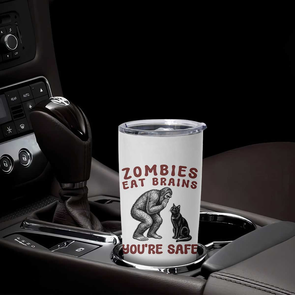 Funny Bigfoot And Black Cat Tumbler Cup Zombies Eat Brains Dont Worry You Are Safe TS12 Print Your Wear