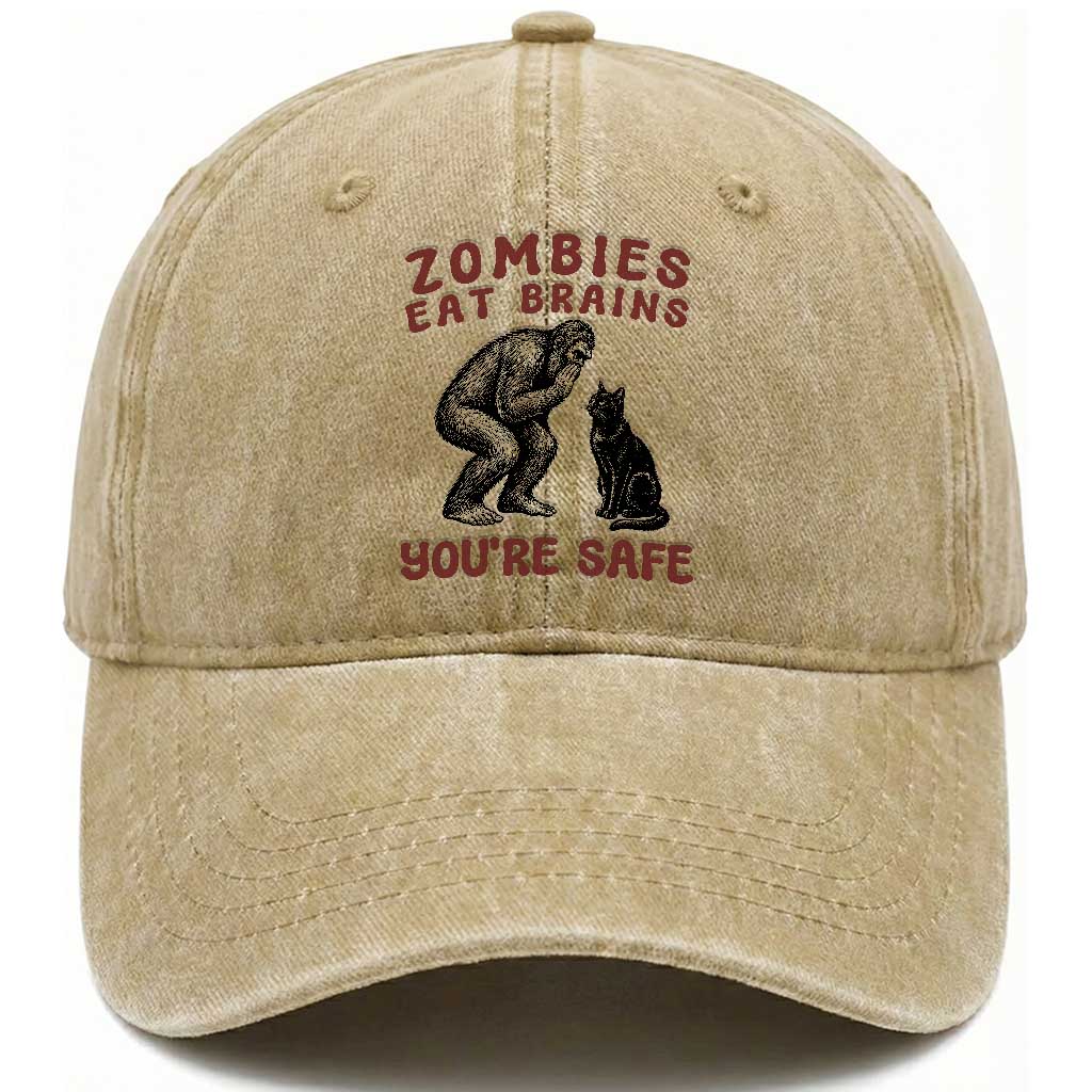 Funny Bigfoot And Black Cat Washed Cotton Baseball Cap Zombies Eat Brains Dont Worry You Are Safe TS12 Print Your Wear