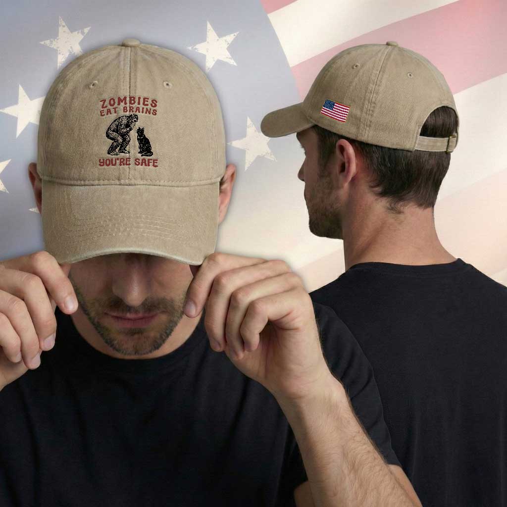 Funny Bigfoot And Black Cat Washed Cotton Baseball Cap Zombies Eat Brains Dont Worry You Are Safe
