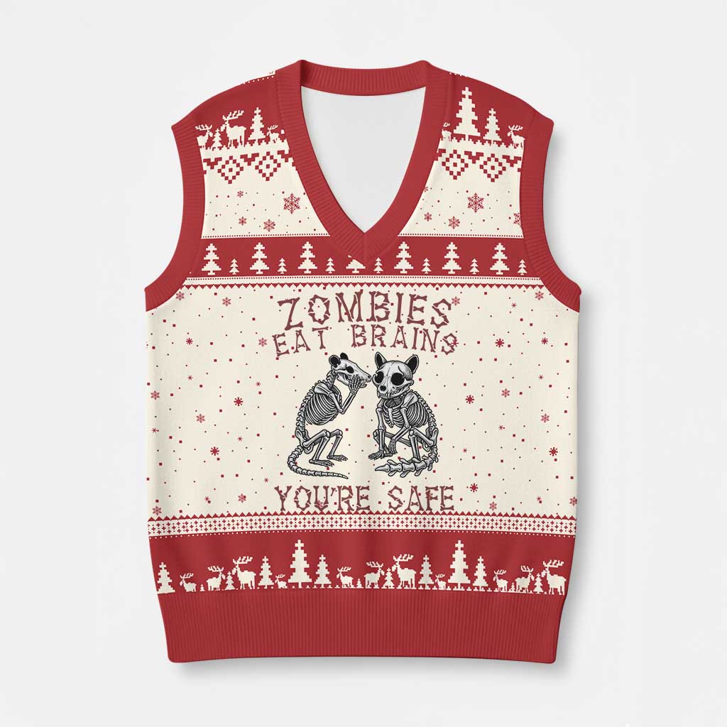 Funny Opossum Raccoon Skeleton V-Neck Knit Sweater Vest Zombies Eat Brains Dont Worry You Are Safe