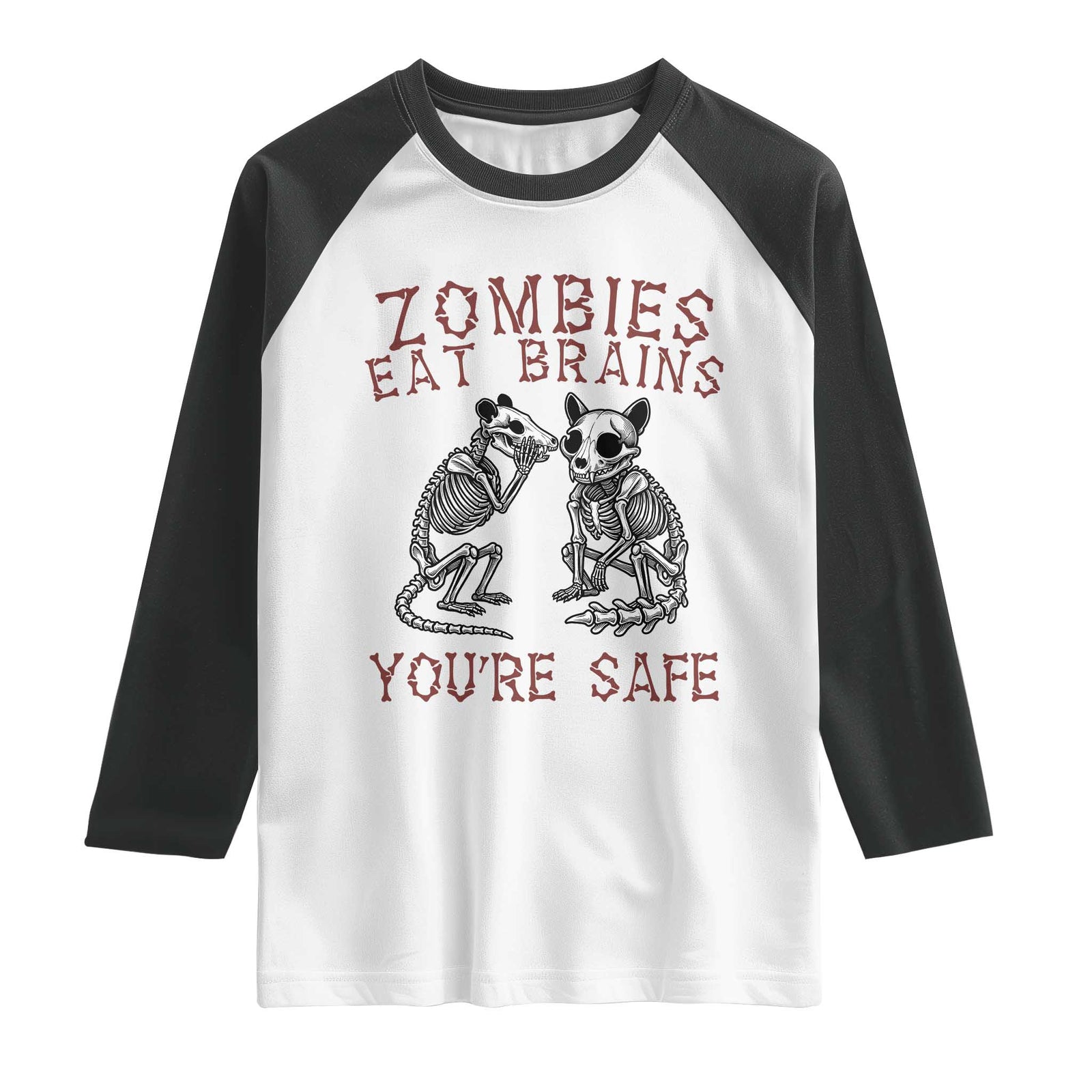 Funny Opossum Raccoon Skeleton Raglan Shirt Zombies Eat Brains Dont Worry You Are Safe TS12 White Black Print Your Wear