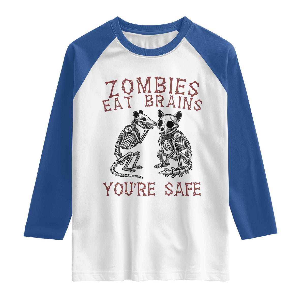 Funny Opossum Raccoon Skeleton Raglan Shirt Zombies Eat Brains Dont Worry You Are Safe