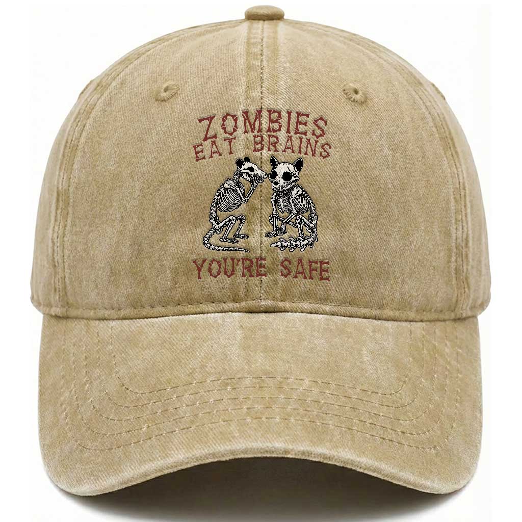 Funny Opossum Raccoon Skeleton Washed Cotton Baseball Cap Zombies Eat Brains Dont Worry You Are Safe TS12 Print Your Wear